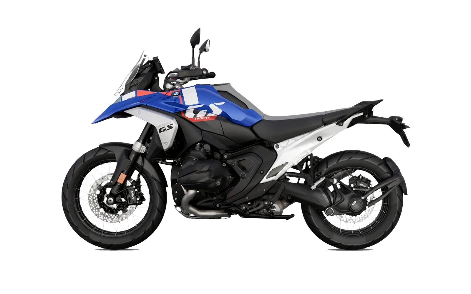 BMW R 1300 GS shown in blue, silver, and red studio side profile.